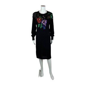 Vintage 80s Sweater Dress Women's Small Black Colorful Sequins Beaded Fitted